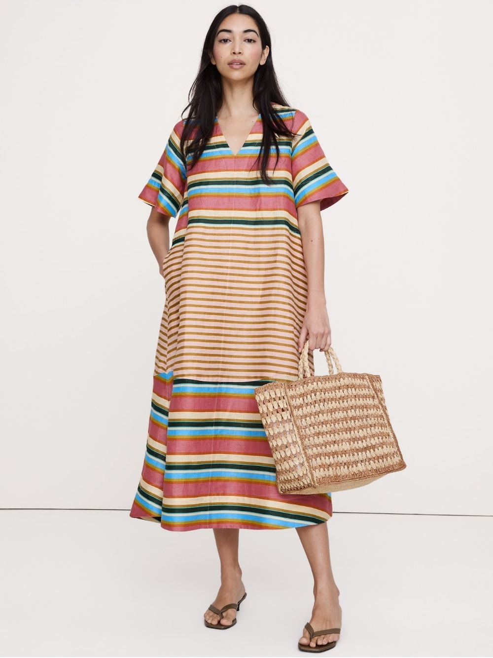 Banana Republic Linen Trapeze Midi dress Multicolor Striped Midi Dress